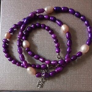 Freshwater Pearl and Purple Dyed Pearl Necklace in Stainless Steel 18 Inches
